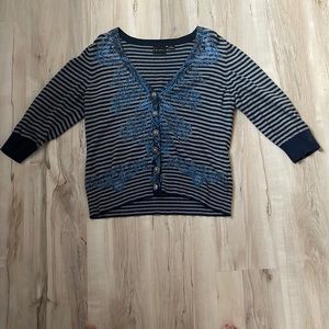 Navy/gray striped, Tribal Sweater/Cardigan button up size L. Only warned twice.